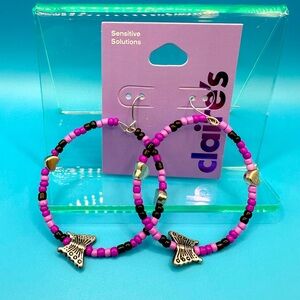 Butterfly Purple Black bead Hoop Earrings NWT sensitive ears